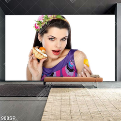 Tranh cô gái xinh đẹp cầm chiếc bánh trái cây trang trí tường spa