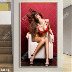 Tranh người mẫu bikini ngồi tạo dáng xõa tóc trên ghế