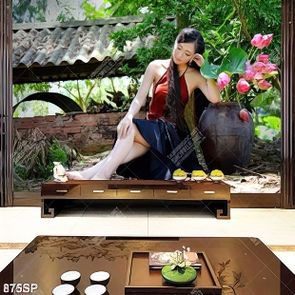Tranh cô gái thôn quê tạo dáng bên hoa sen treo spa