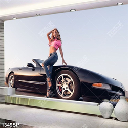 Tranh cô gái xinh đẹp đứng bên xe ô tô treo tường spa