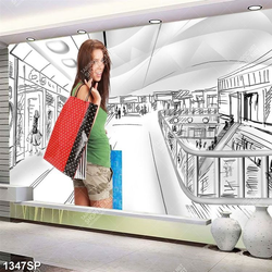 Tranh cô gái trẻ đi mua sắm