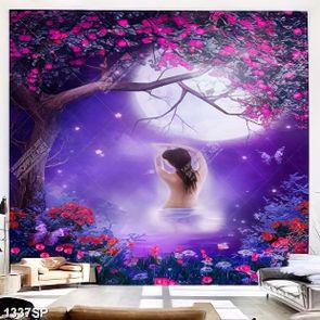 Tranh vẽ thiễu nữ xinh đẹp lưng trần trong khu rừng hoa treo spa