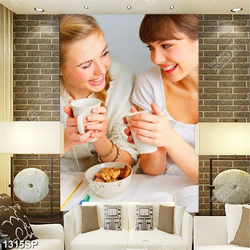 Tranh hai cô gái vui vẻ uống trà ăn bánh