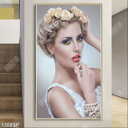 Tranh cô gái xinh đẹp với mái tóc cài hoa hồng treo spa