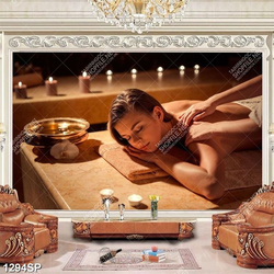 Tranh cô gái nằm matxa thư giãn bên những ngọn nến trong spa