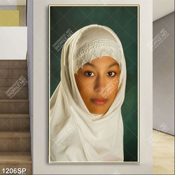 Tranh cô gái Pakistan đội khăn trắng xinh đẹp