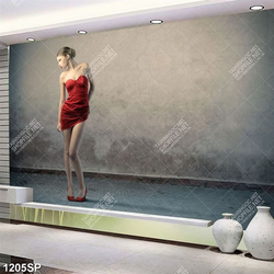 Tranh cô gái xinh đẹp măc váy đỏ đứng bên bức tường