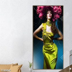 Tranh canvas đẹp cô gái mặc váy xanh đội hoa