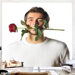 Tranh treo spa chàng trai trẻ ngậm cành hoa hồng