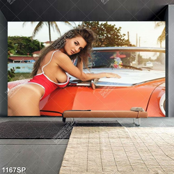 Tranh người mẫu bikini nóng bỏng tạo dáng bên xe ô tô