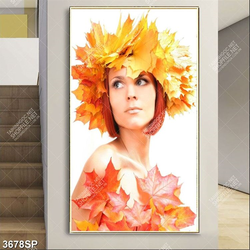 Tranh cô gái và lá phong đỏ in canvas