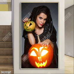 Tranh cô gái bên đèn bí ngô Halloween
