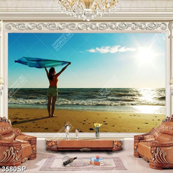 Tranh cô gái tung bay khăn voan bên bãi biển