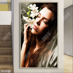 Tranh cô gái xinh đẹp bên bông hoa trắng