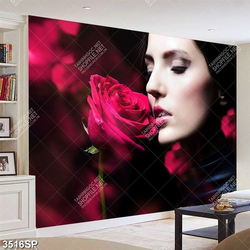 Tranh người đẹp bên bông hoa hồng