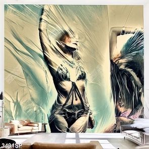 Tranh người mẫu bikini tạo dáng bên tấm lion