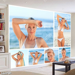 Tranh ghép người mẫu mặc bikini trắng bên bãi biển