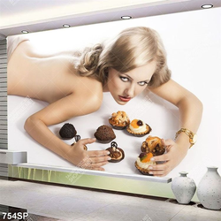 Tranh cô gái tạo dáng bên những chiêc bánh socola treo tường spa