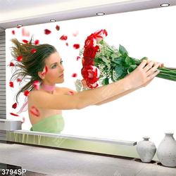 Tranh cô gái trẻ cầm bó hoa hoa hồng