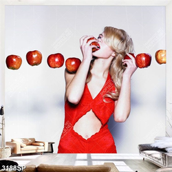 Tranh nghệ thuật cô nàng váy đỏ bên những trái táo treo spa