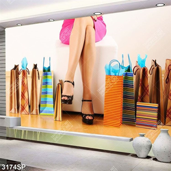 Tranh cô gái trẻ bên những túi hàng mua sắm treo tường spa