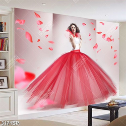 Tranh nghệ thuật treo spa cô gái mặc váy xòe đỏ