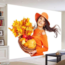 Tranh cô gái bưng rỗ trái cây in canvas treo spa