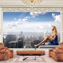 Tranh spa người đẹp ngồi trên tòa nhà cao tầng