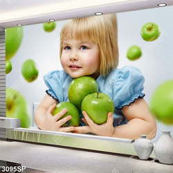 Tranh spa cô bé dễ thương bên những trái táo xanh