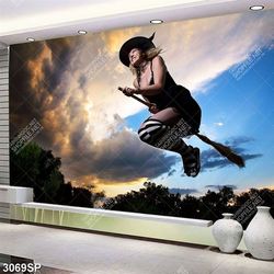 Tranh nghệ thuật cô gái cưỡi chổi bay treo spa