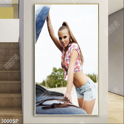 Tranh cô gái gợi cảm đứng bên xe ô tô treo trang trí spa