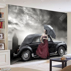 Tranh nghệ thuật người đẹp che giù đứng dưới bầu trời giông bão