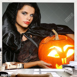 Tranh phù thủy xinh đẹp bên lồng đén bí ngô