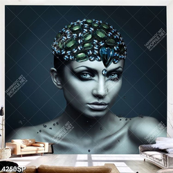 Tranh nghệ thuật cô gái mặc váy đỏ đứng dưới trời mây