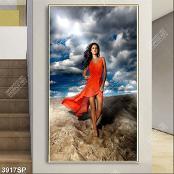 Tranh nghệ thuật cô gái mặc váy đỏ đứng dưới trời mây