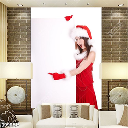 Tranh cô gái mặc váy đỏ đứng bên tấm bảng trắng