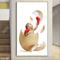 Tranh cậu bé dễ thương ngồi trong quả trứng