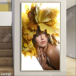 Tranh cô gái với mái tóc đội lá mùa thu