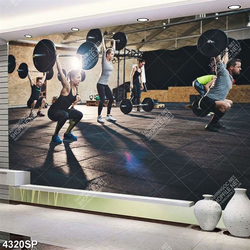 Tranh tập đẩy tạ trong trung tâm thể dục