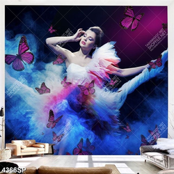 Tranh nghệ thuật người đẹp và bướm hồng