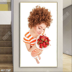 Tranh treo spa cô gái cầm đĩa dâu tây đỏ