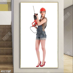 Tranh cô gái trẻ cầm máy khoan