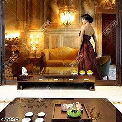 Tranh cô gái đứng trong phòng khách sang trọng