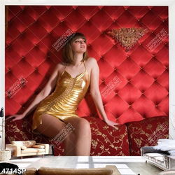 Tranh cô gái ngồi dựa bên bức tường màu đỏ