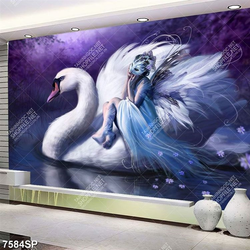 Tranh người đẹp ngồi bên chim thiên nga trắng