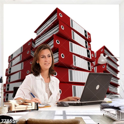 Tranh cô gái ngồi bên chồng tài liệu