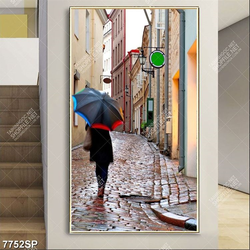 Tranh cô gái che ô đi trên phố SP7752