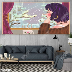 Tranh vẽ cô gái ngồi uống trà file psd