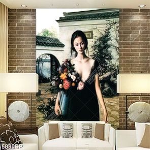 Tranh vẽ cô gái trẻ ôm bình hoa file psd