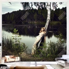 Tranh người đẹp đứng bên hồ